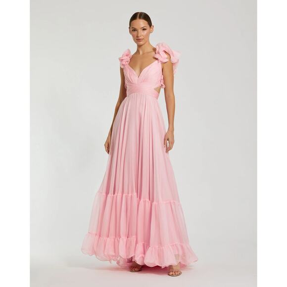 MAC DUGGAL Blush Pink Ruffle Tiered Cut-Out Back Lace Up Maxi Dress Size 2 NWT - Picture 1 of 12